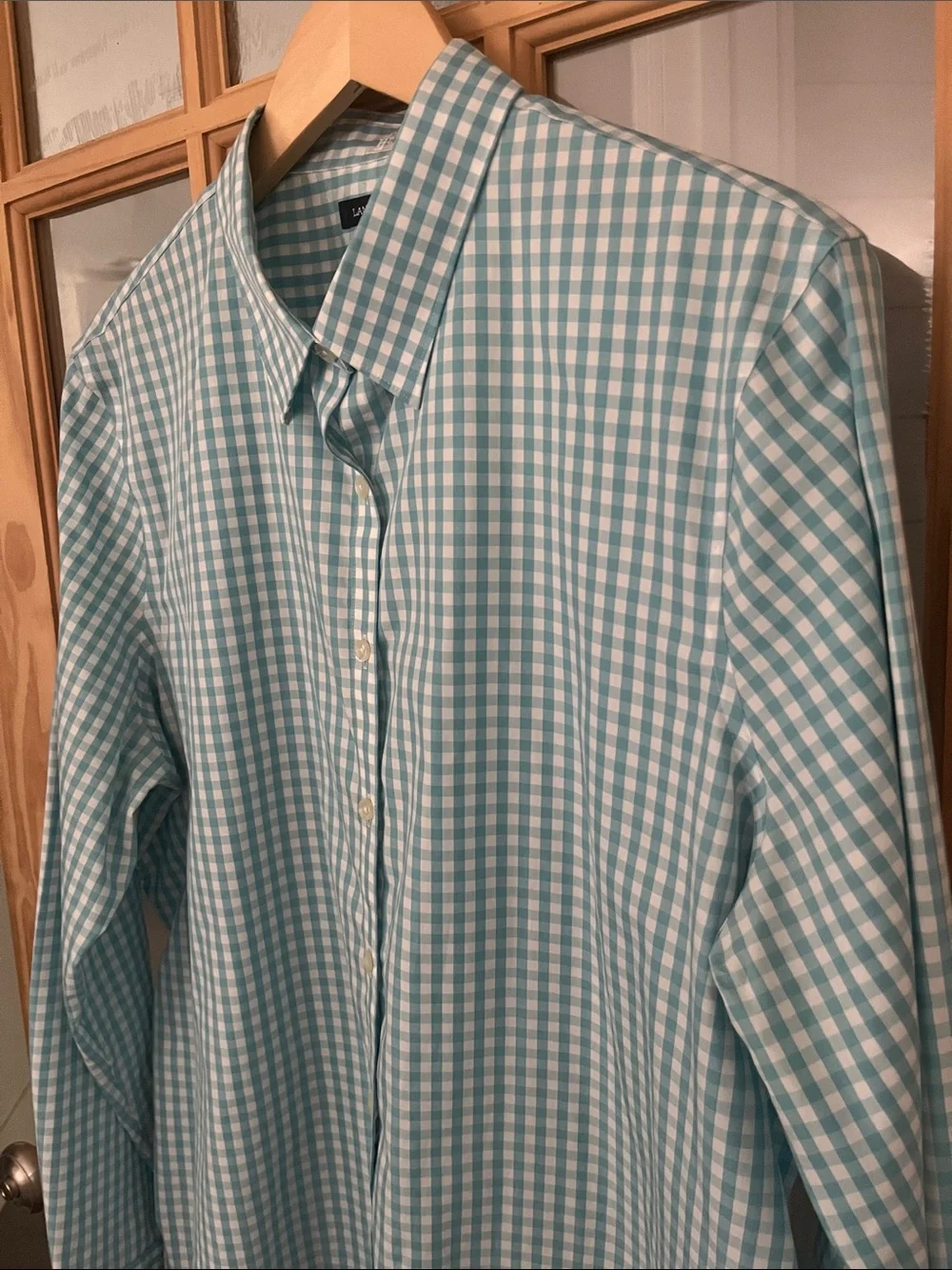 Boys LANDS END turquoise gingham plaid button down sz 18 EUC